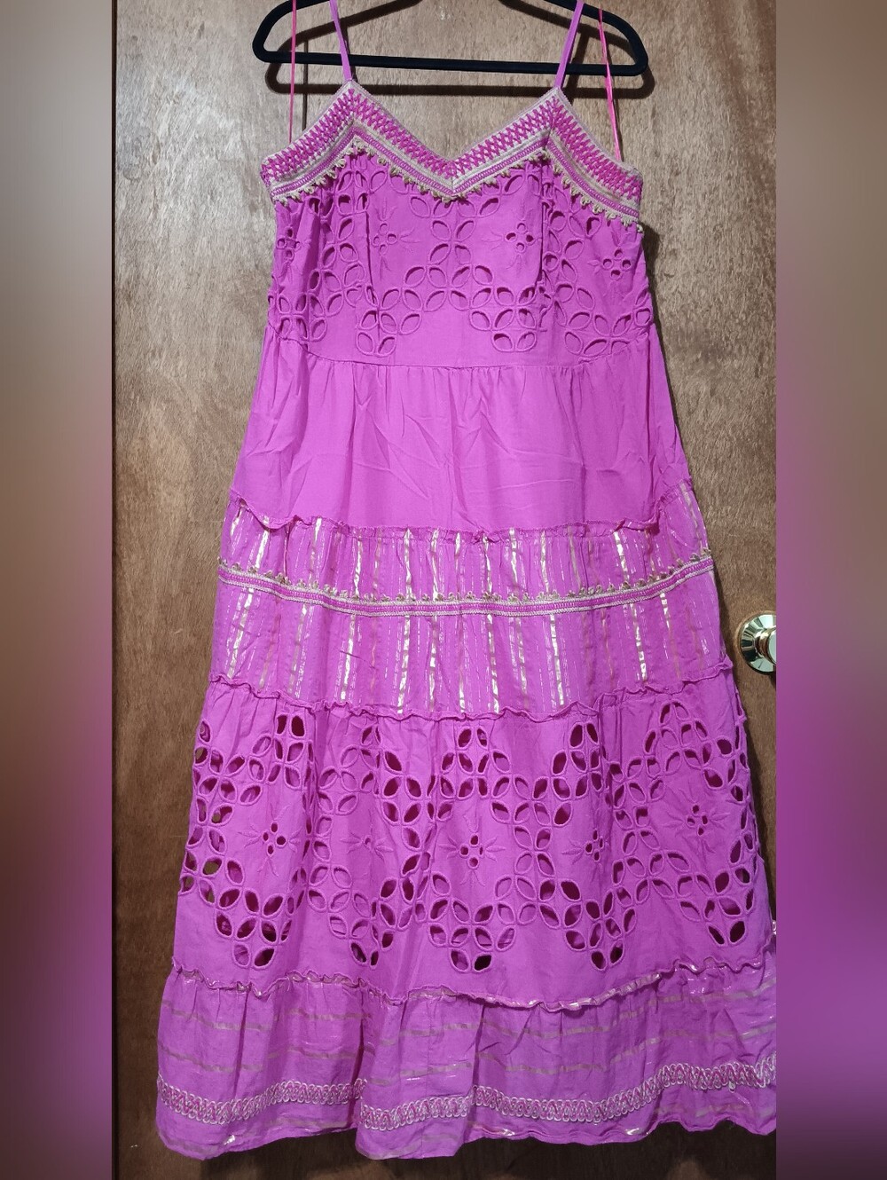 Tiered Eyelet Maxi Dress with Metallic Trim - Fuchsia